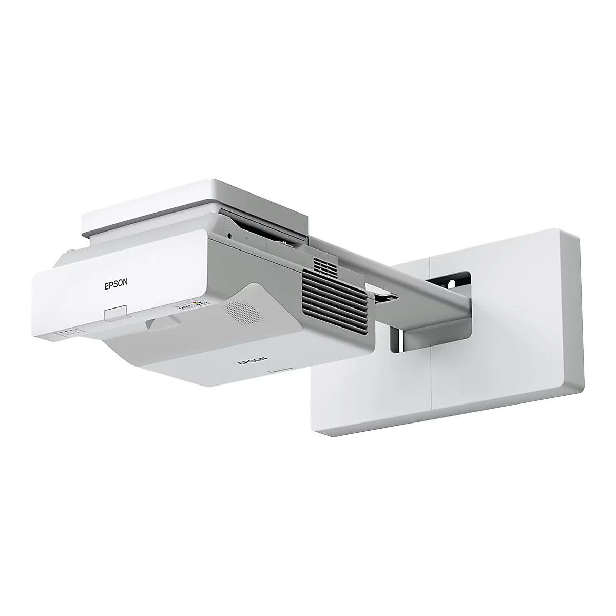 Epson Kurzdistanz-Projektor in Weiß mit Wandhalterung vor weißem Hintergrund.