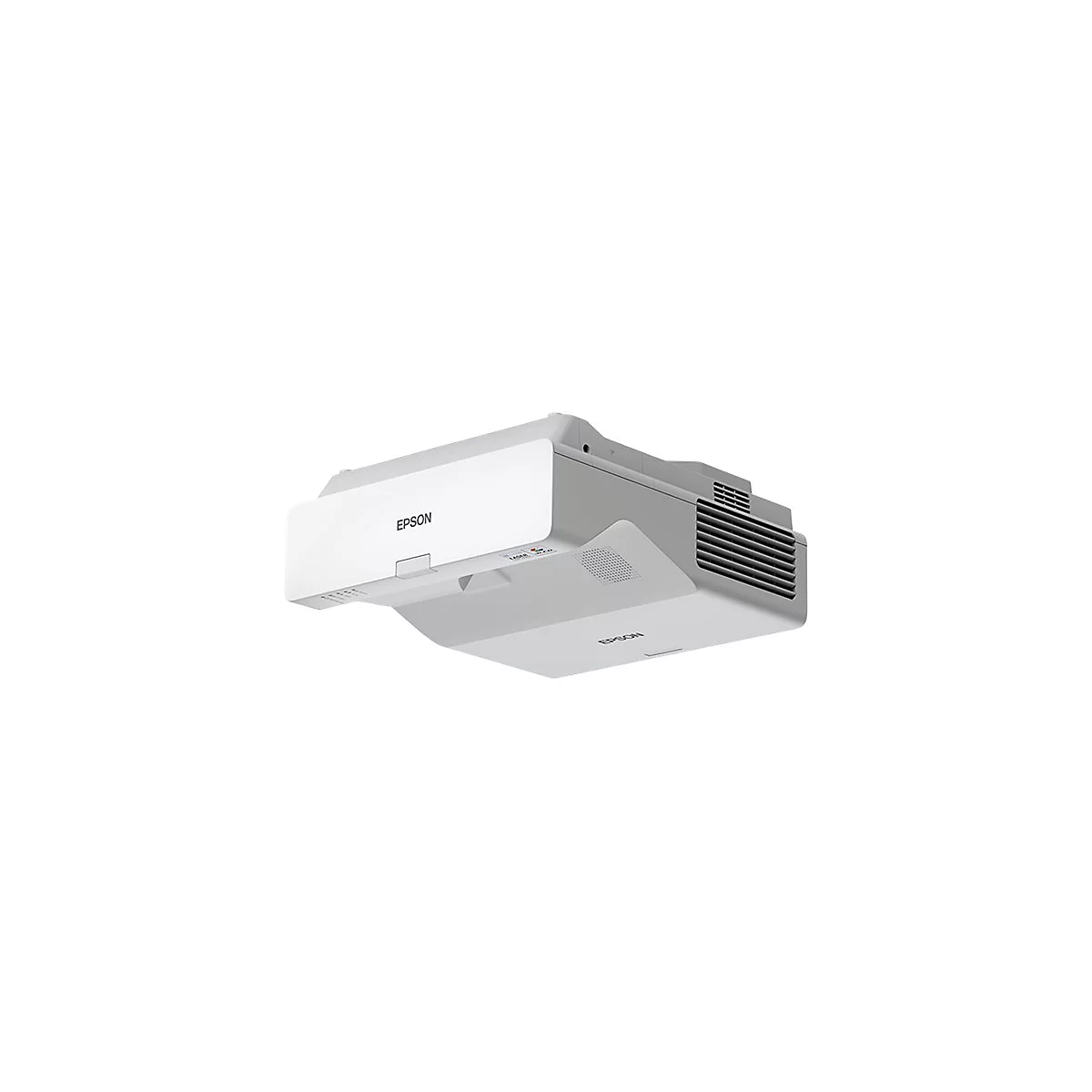 Weißer Epson Laserprojektor mit schlichtem Design vor weißem Hintergrund.