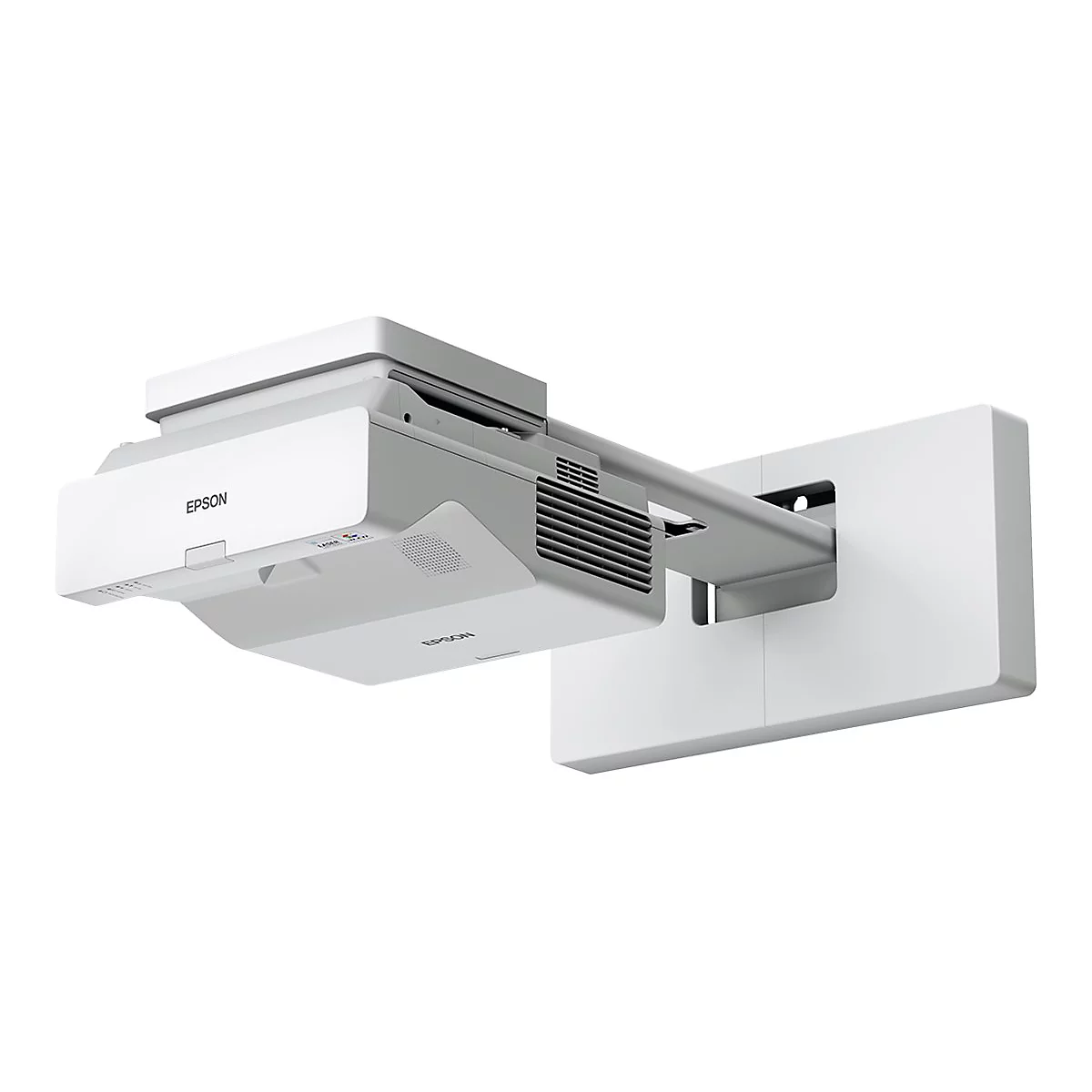 Weißer Epson Kurzdistanzprojektor mit Wandhalterung auf weißem Hintergrund.