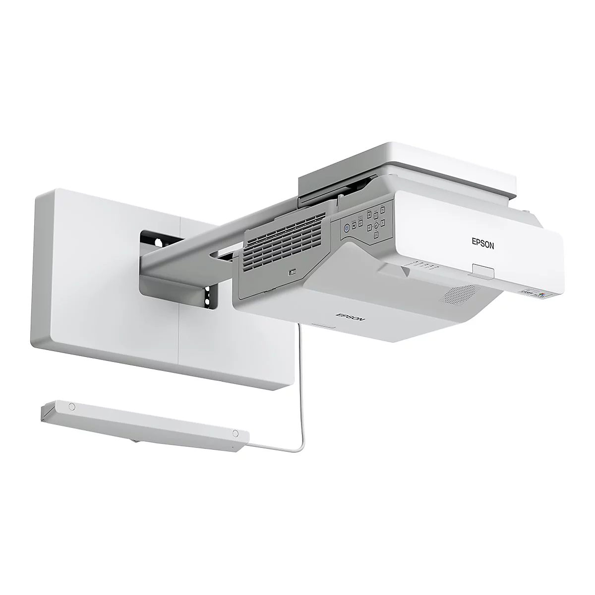 Ein weißer Epson Kurzdistanzprojektor mit Wandhalterung auf weißem Hintergrund.