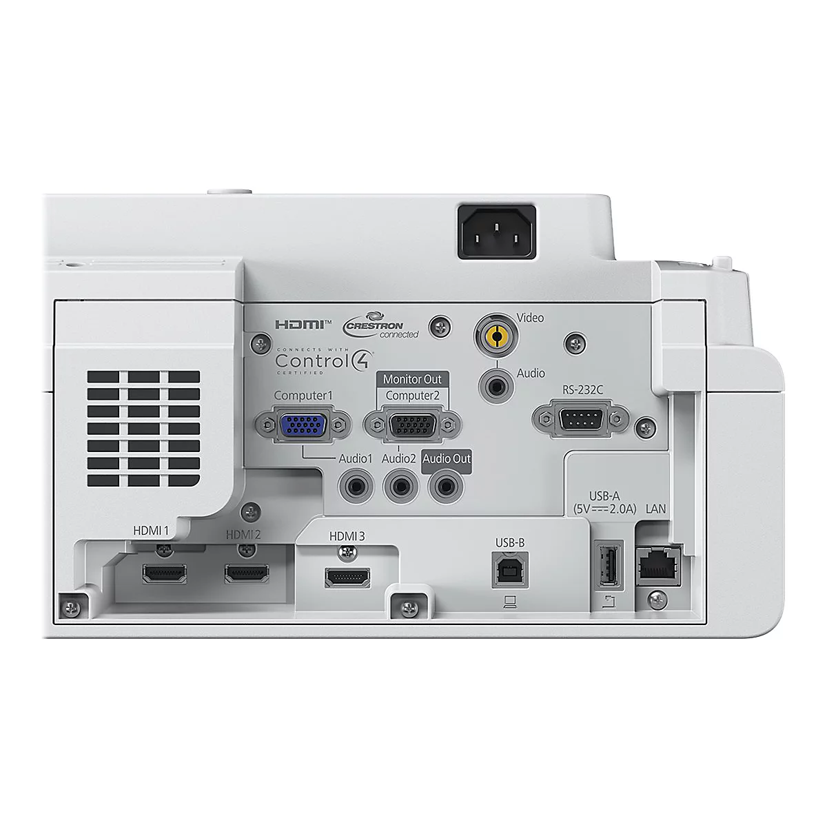 Anschlussfeld eines weißen Projektors mit zahlreichen Eingängen wie HDMI, VGA, USB und Audio.