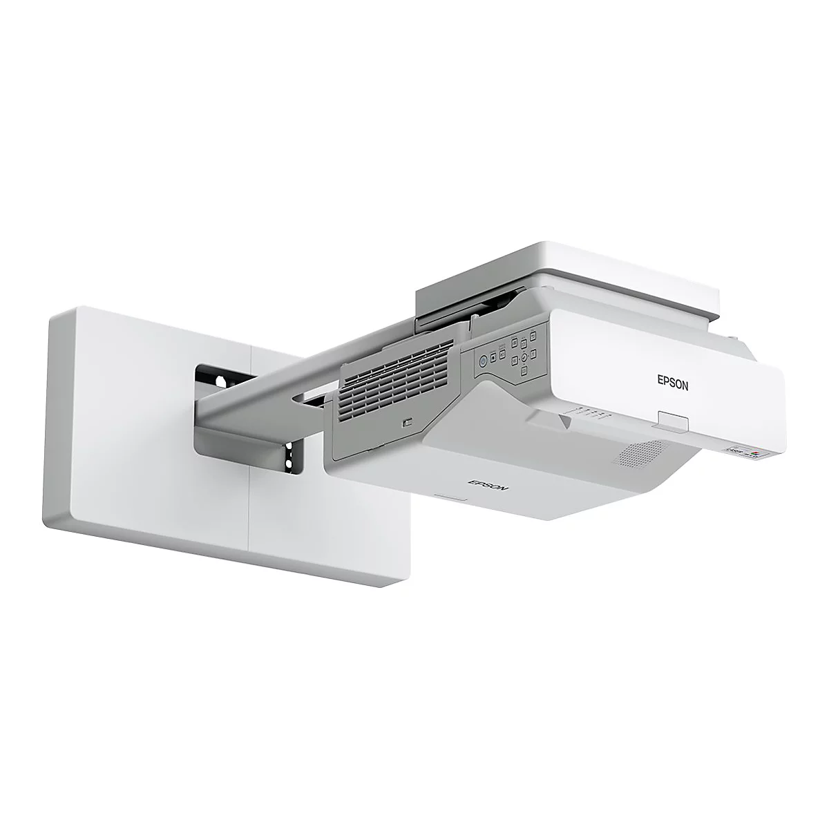 Ein weißer Epson Kurzdistanzprojektor mit Wandhalterung vor weißem Hintergrund.