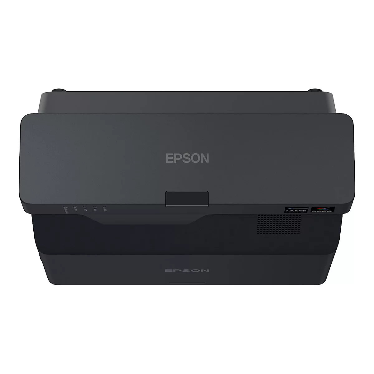Draufsicht auf einen schwarzen Epson-Projektor. Auf der Oberseite steht "EPSON".