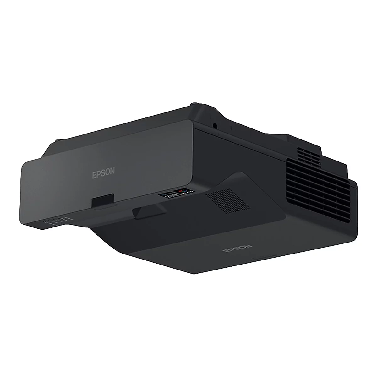 Schwarzer Epson Projektor, von vorne und unten fotografiert.