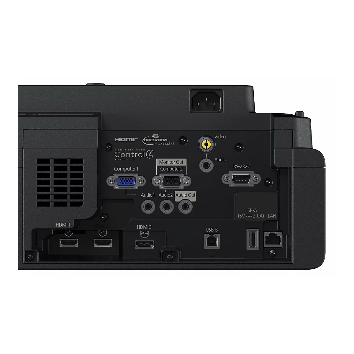 Rückseite eines Projektors mit Anschlüssen für HDMI, USB, Audio und Video, sowie einem Stromanschluss.
