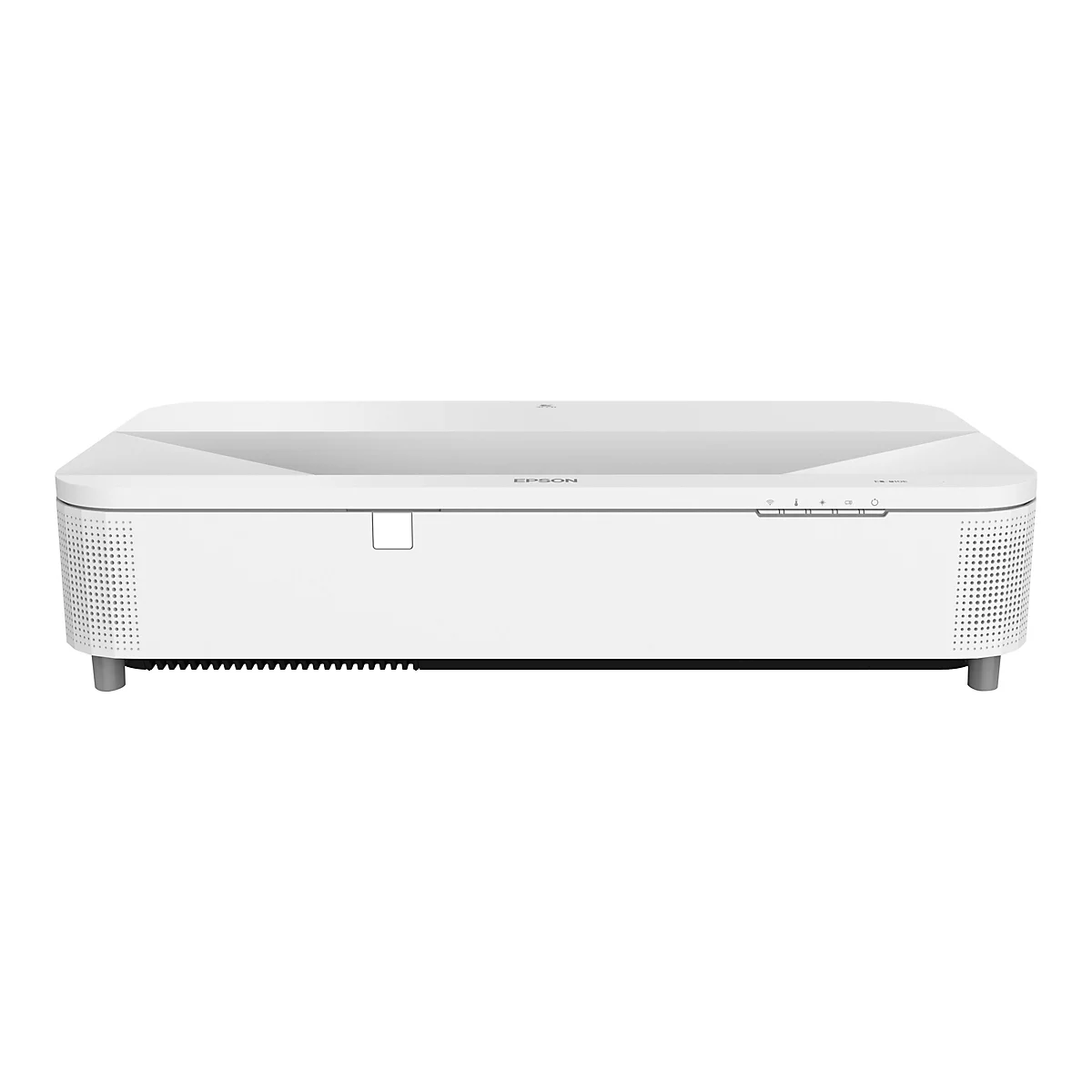Weißer Epson-Projektor, Frontansicht. Marke „EPSON“ in der Mitte, daneben Bedienelemente.