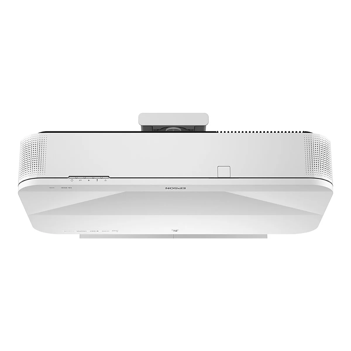 Weißer Epson-Projektor von oben, Logo. Runde Öffnungen, Bedienelemente.