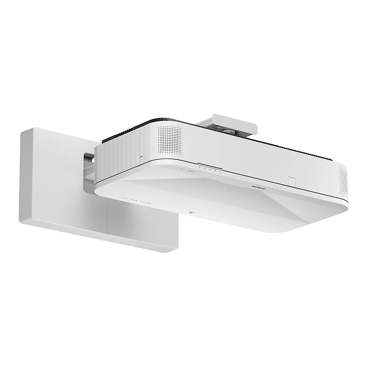 Weißer Projektor an weißer Wandhalterung, Epson Logo sichtbar.