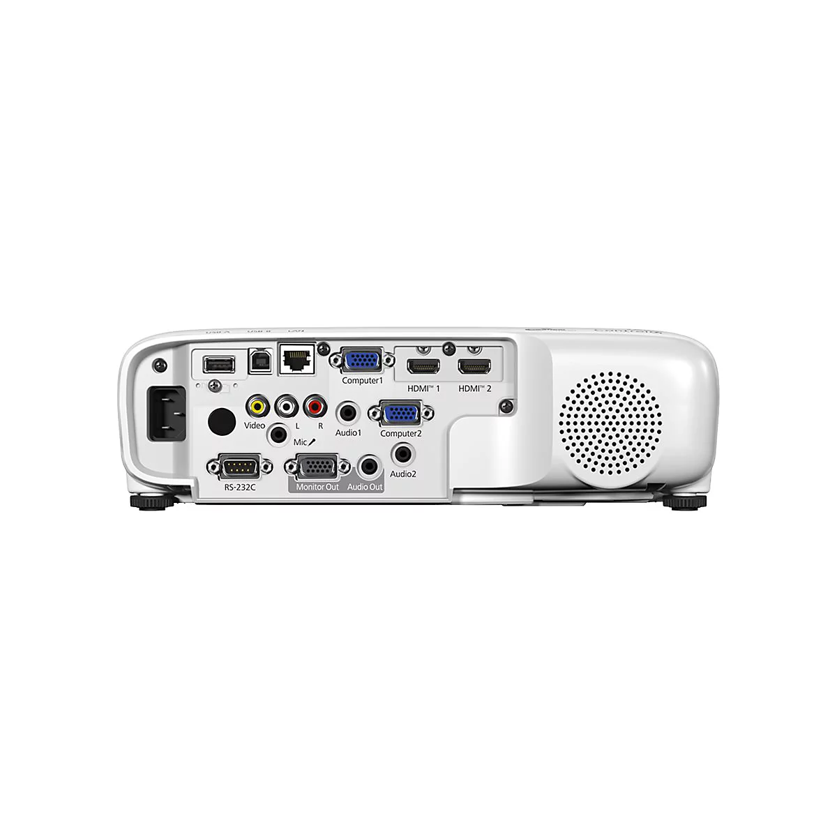 Nahaufnahme der Rückseite eines weißen Projektors mit diversen Anschlüssen und einem Lüfter. Beschriftungen: HDMI, Audio, Computer und RS-232C.