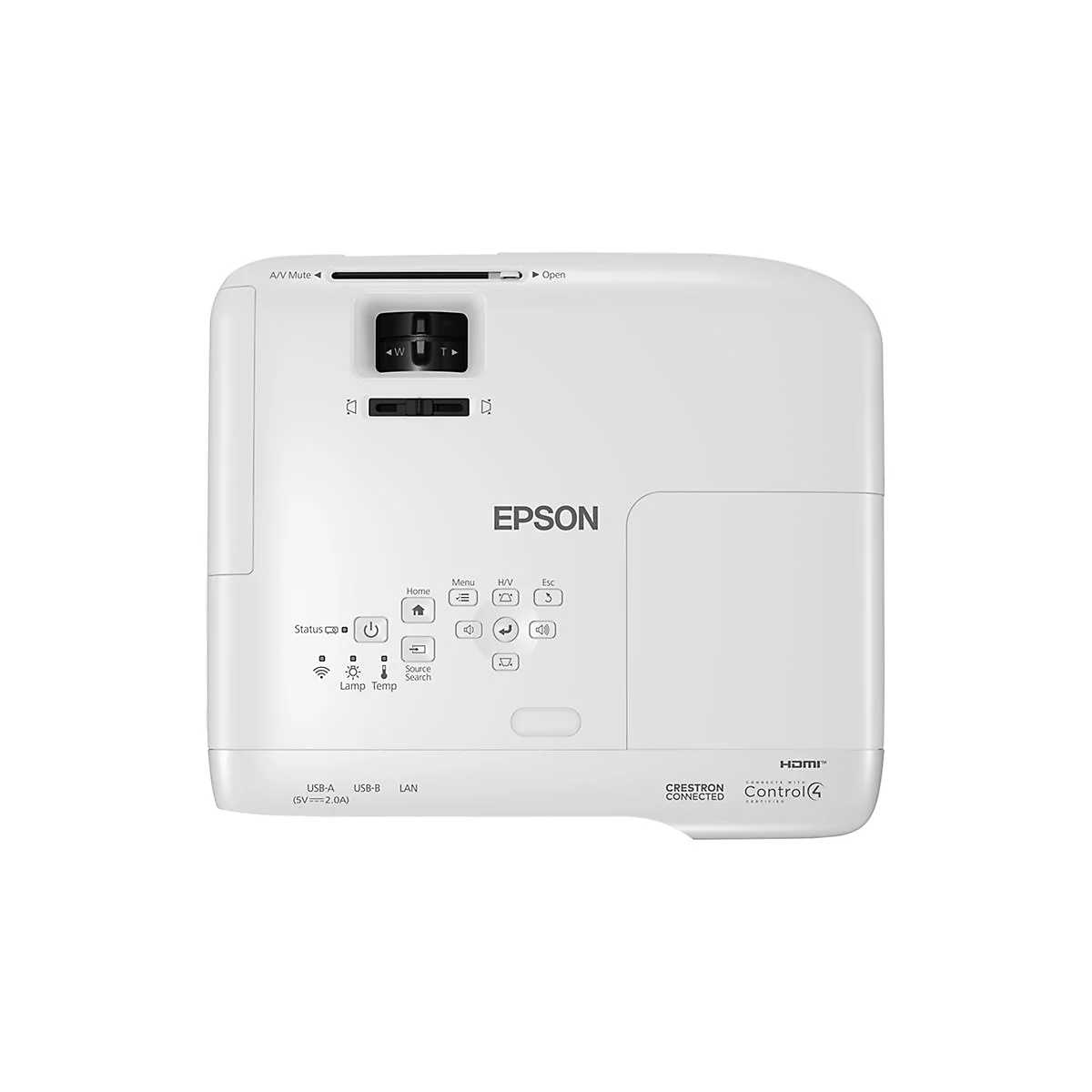 Weißer Epson-Projektor mit Knöpfen und Anschlüssen. "Epson"-Logo deutlich sichtbar. Mit HDMI-Anschluss.