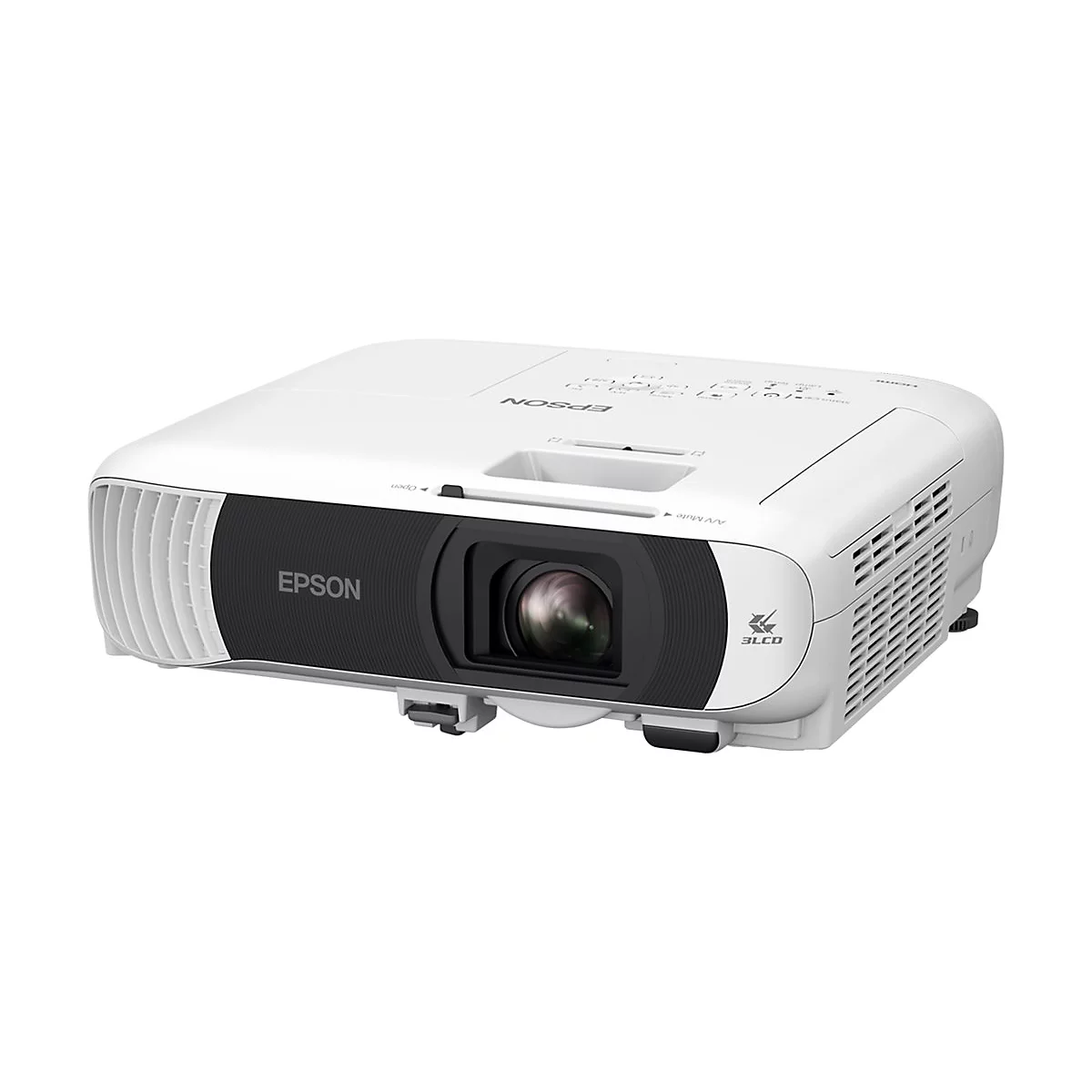 Weißer Epson-Beamer vor neutralem Hintergrund. Auf der Vorderseite ist der Schriftzug 'EPSON' zu sehen.