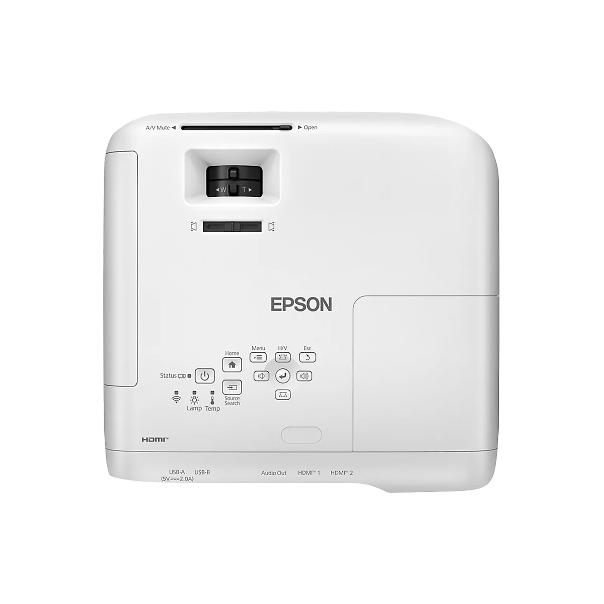 Weißer Epson-Projektor mit Bedienelementen und Anschlüssen. Aufschrift: HDMI, EPSON, USB, etc.