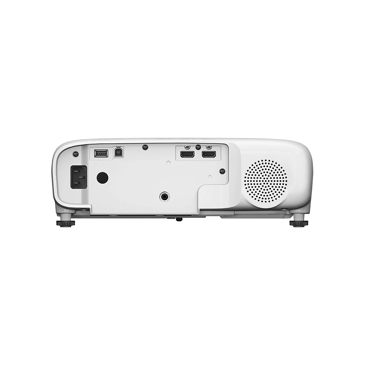 Weiße Projektor-Rückseite, Steckdose, USB-Anschlüsse, HDMI-Anschlüsse, Lautsprechergitter, schwarze Füße.