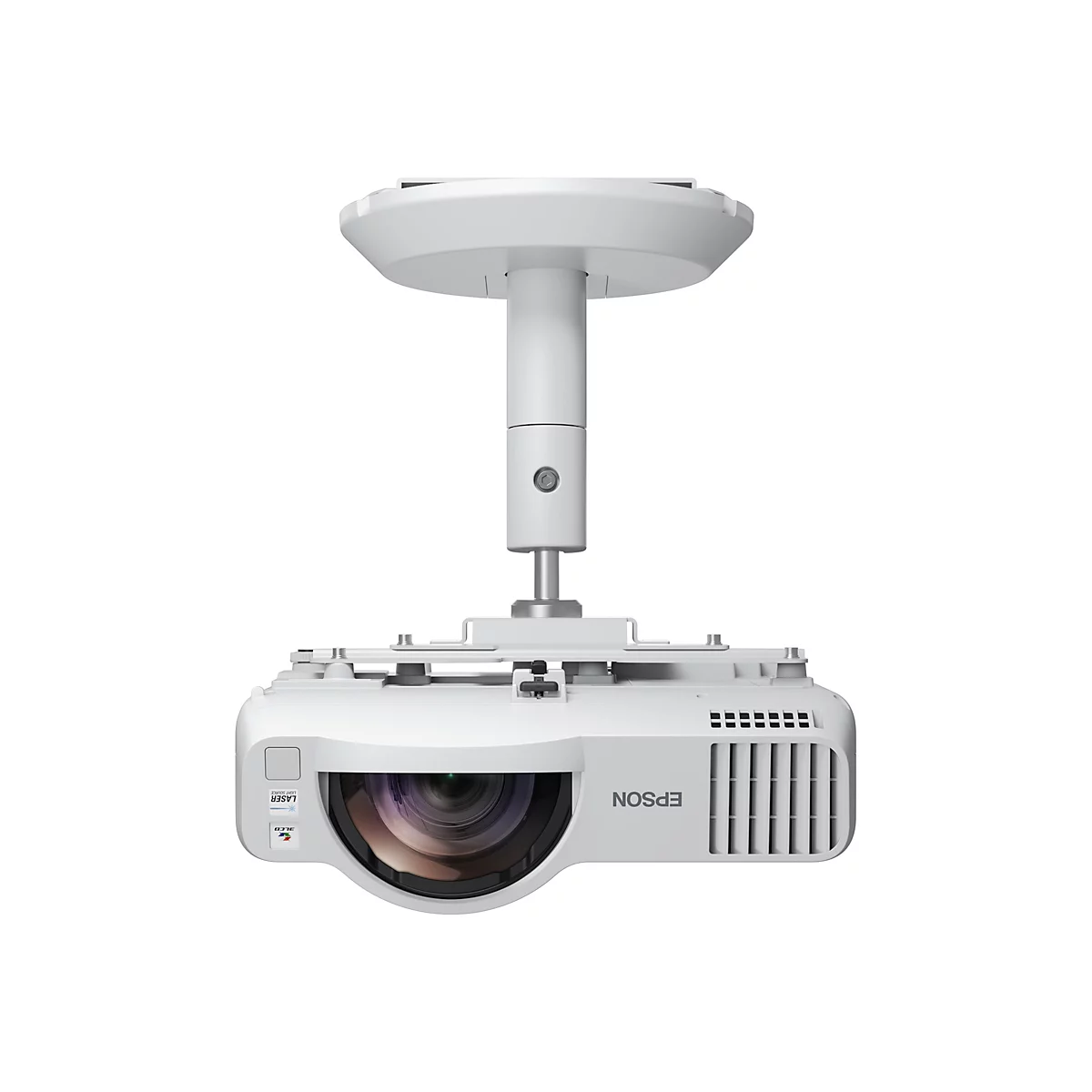 Weißer Epson Projektor mit Deckenhalterung vor neutralem Hintergrund.