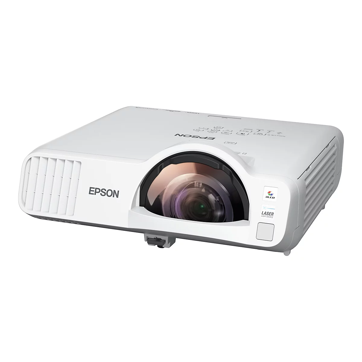 Weißer Epson Kurzdistanzprojektor mit großem, markantem Objektiv auf der Vorderseite.