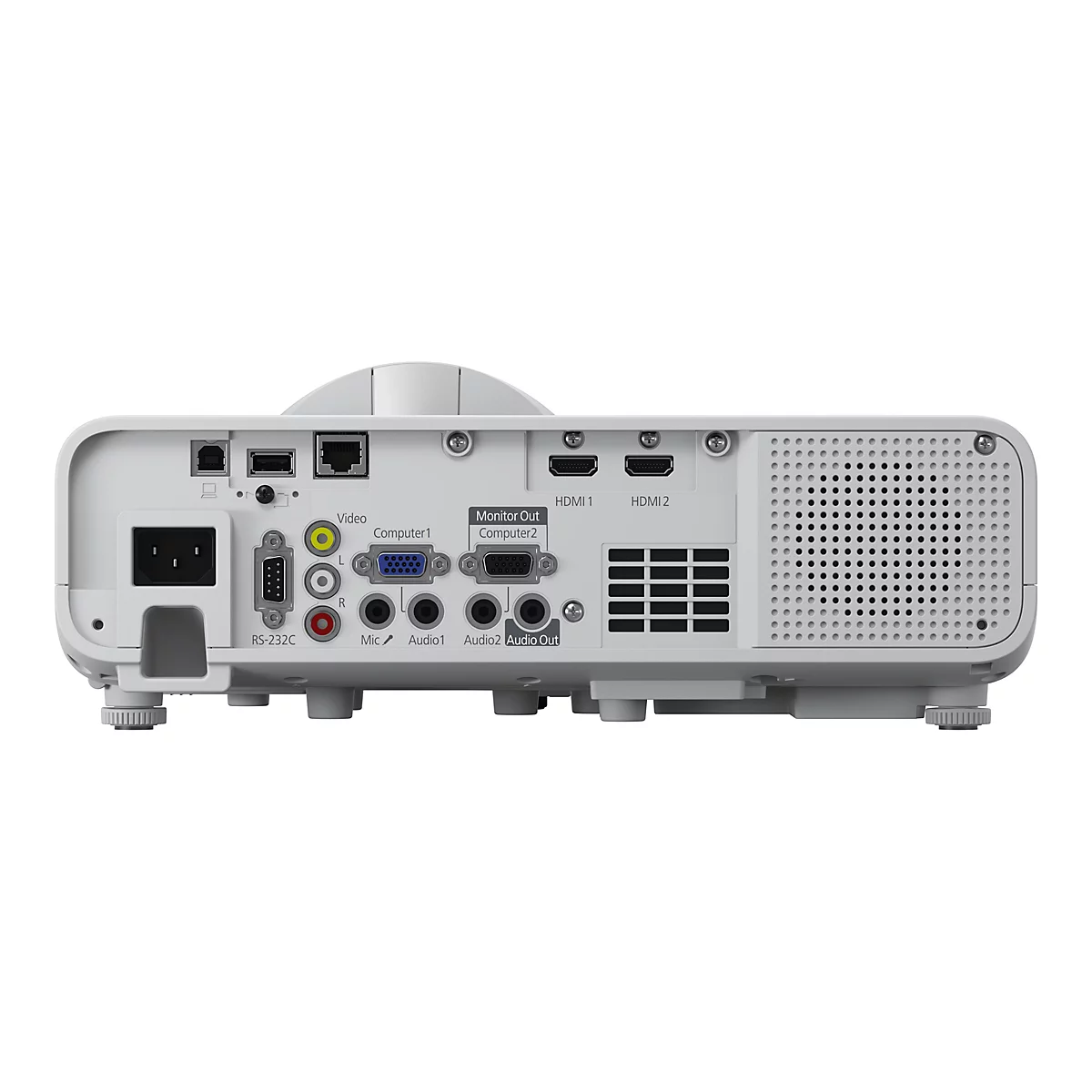 Rückseite eines hellgrauen Beamers mit verschiedenen Anschlüssen wie HDMI, VGA, Audio und Video.