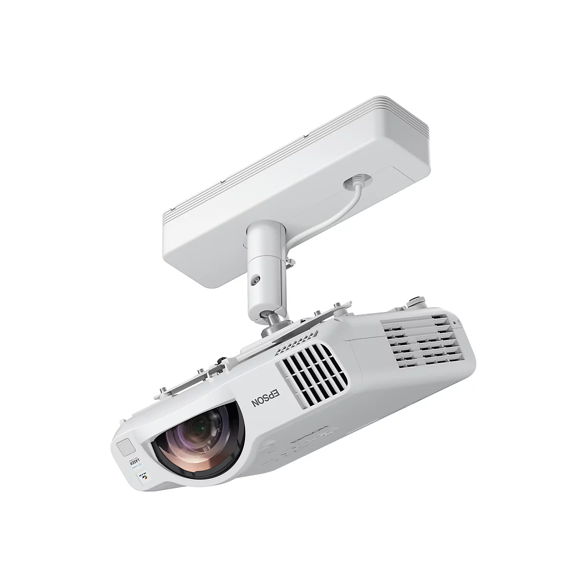 Ein weißer Epson Laser-Projektor, der an einer Deckenhalterung montiert ist und schräg in den Raum zeigt.