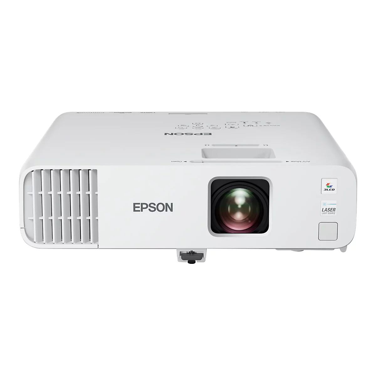 Weißer Epson Projektor mit Laser-Lichtquelle und zentralem Objektiv auf weißem Hintergrund.