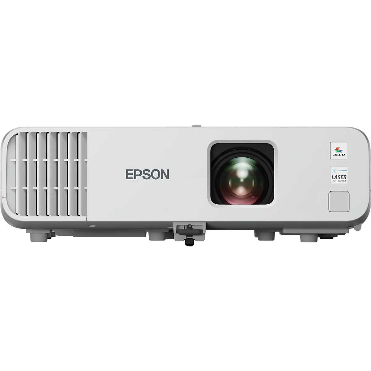 White Epson projector. It features a lens, the logo, and the writing "Laser" on the front.