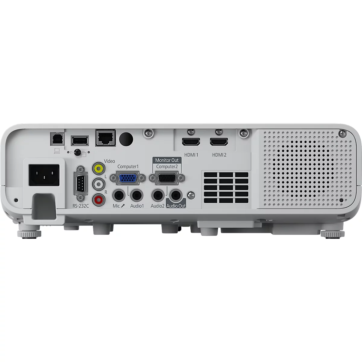 Back of a white projector with various ports, including HDMI, VGA, and audio inputs. There is also a fan and the power cable.