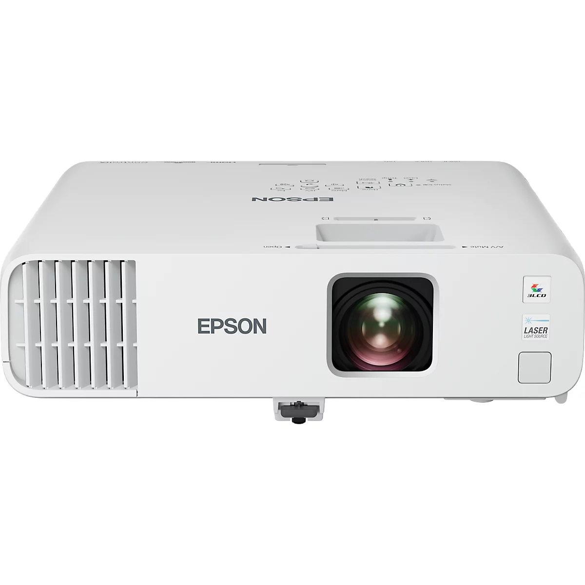 White Epson projector. The lens is centrally positioned, with lettering and buttons on the surface. There is a logo on the right edge.