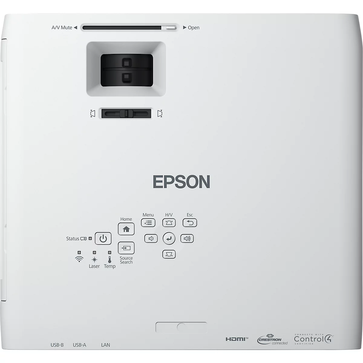 White Epson projector from above, showing controls, lenses, and HDMI ports.