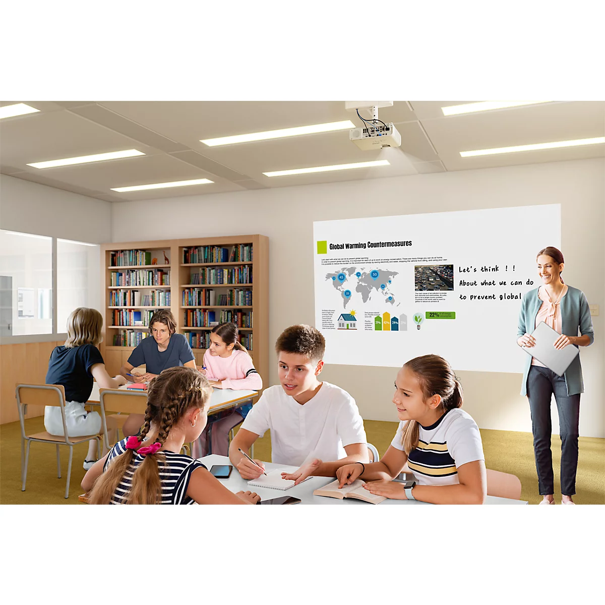 Classroom with students and teacher. A projection shows climate change diagrams. Students discuss at tables.