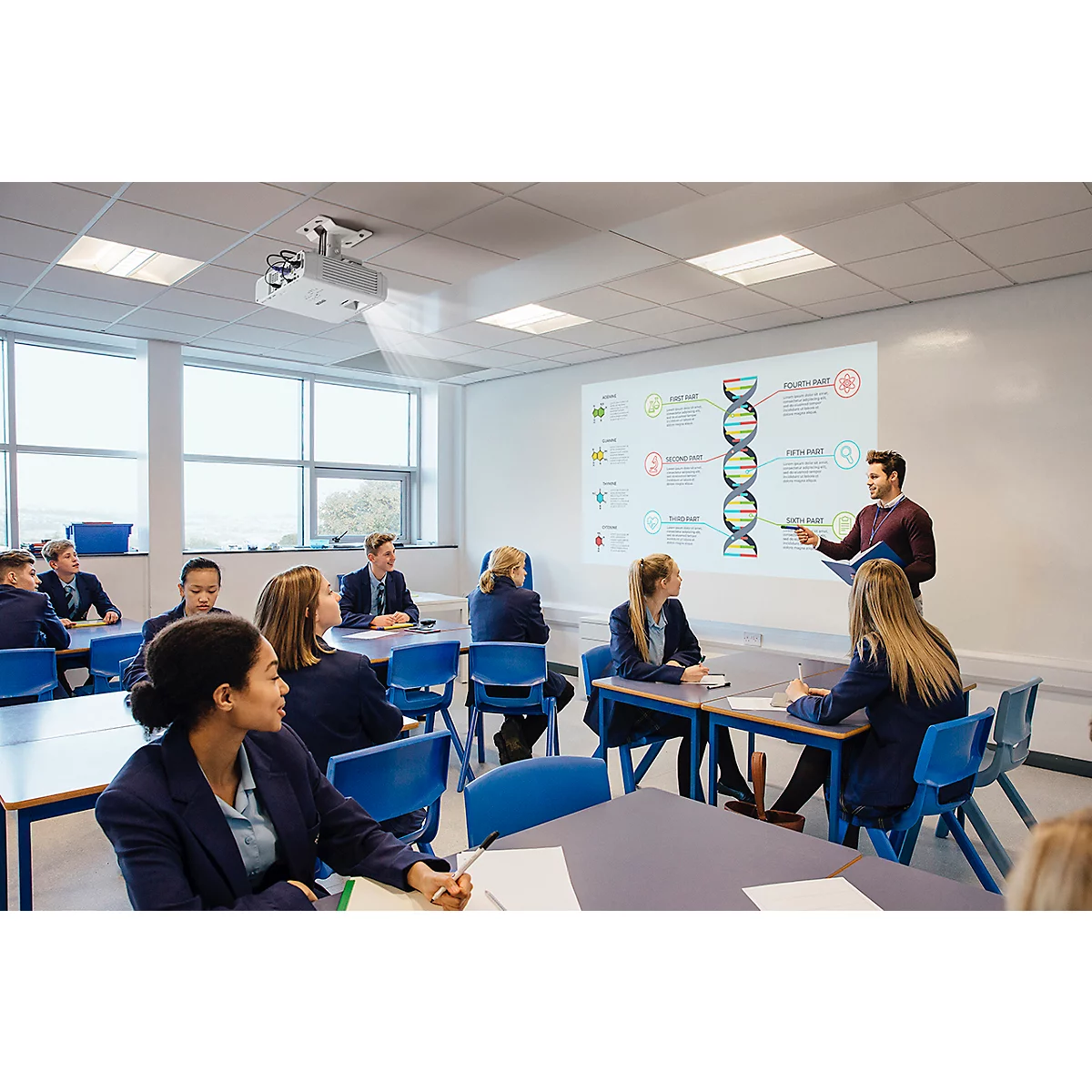A teacher explains a DNA presentation in the classroom. Students sit at tables and listen. A projector projects the image.