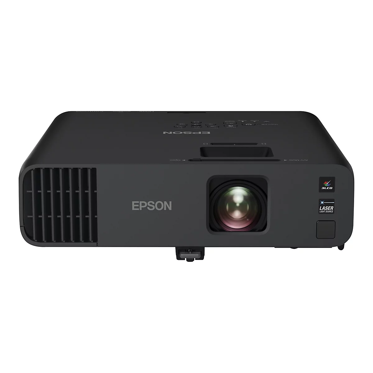 Schwarzer Epson-Laserprojektor mit 3LCD-Technologie in Frontansicht vor weißem Hintergrund.