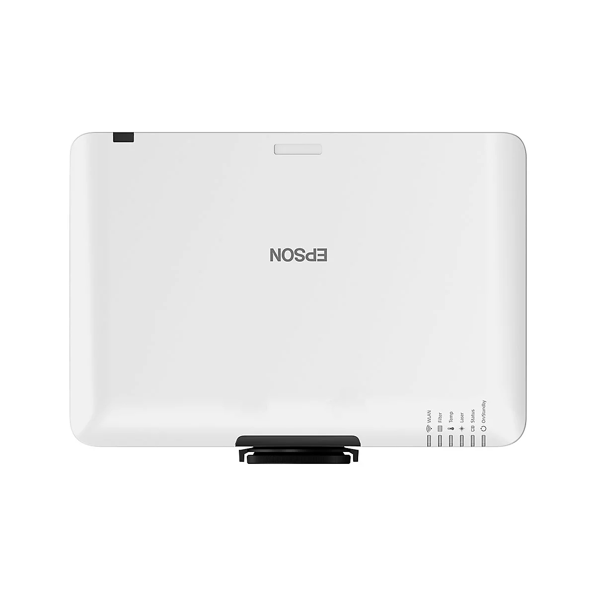 Weißer Epson-Projektor von oben gesehen. Das Logo ist mittig, darunter befindet sich eine Reihe von Indikatoren.