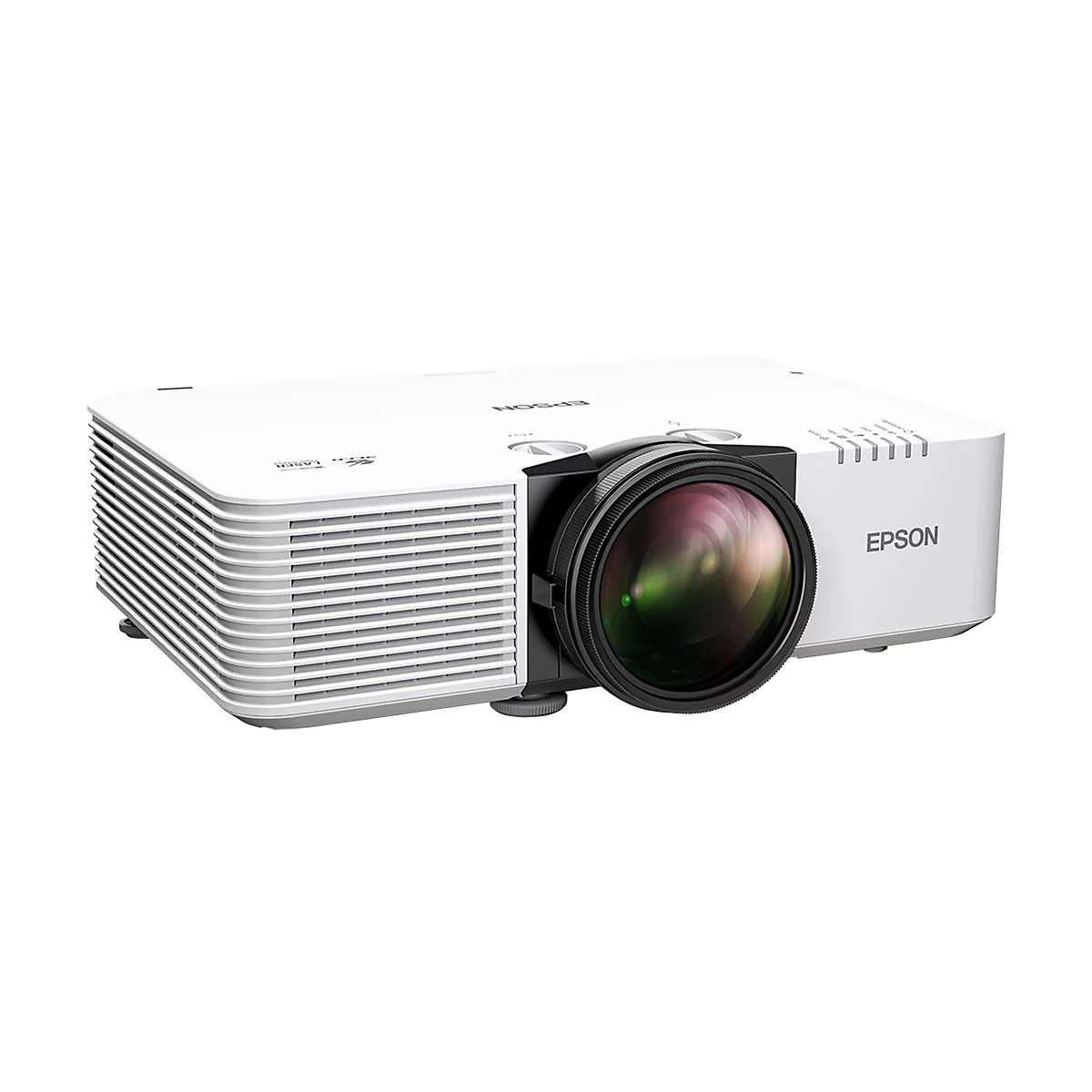 Weißer Epson-Projektor mit großem Objektiv, Markenlogo und seitlichen Belüftungsschlitzen.