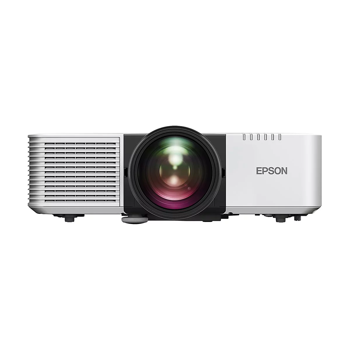 Ein weißer Epson-Projektor. Großes Objektiv in der Mitte, Firmenlogo rechts.