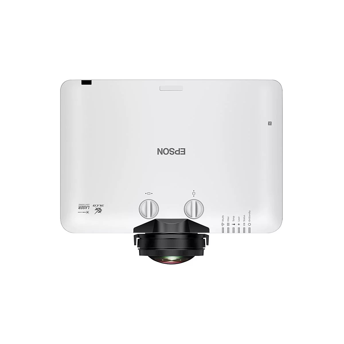 Weißer Epson Projektor, von oben betrachtet. Das Objektiv ist schwarz und ragt hervor. Das Epson-Logo ist aufgedruckt.