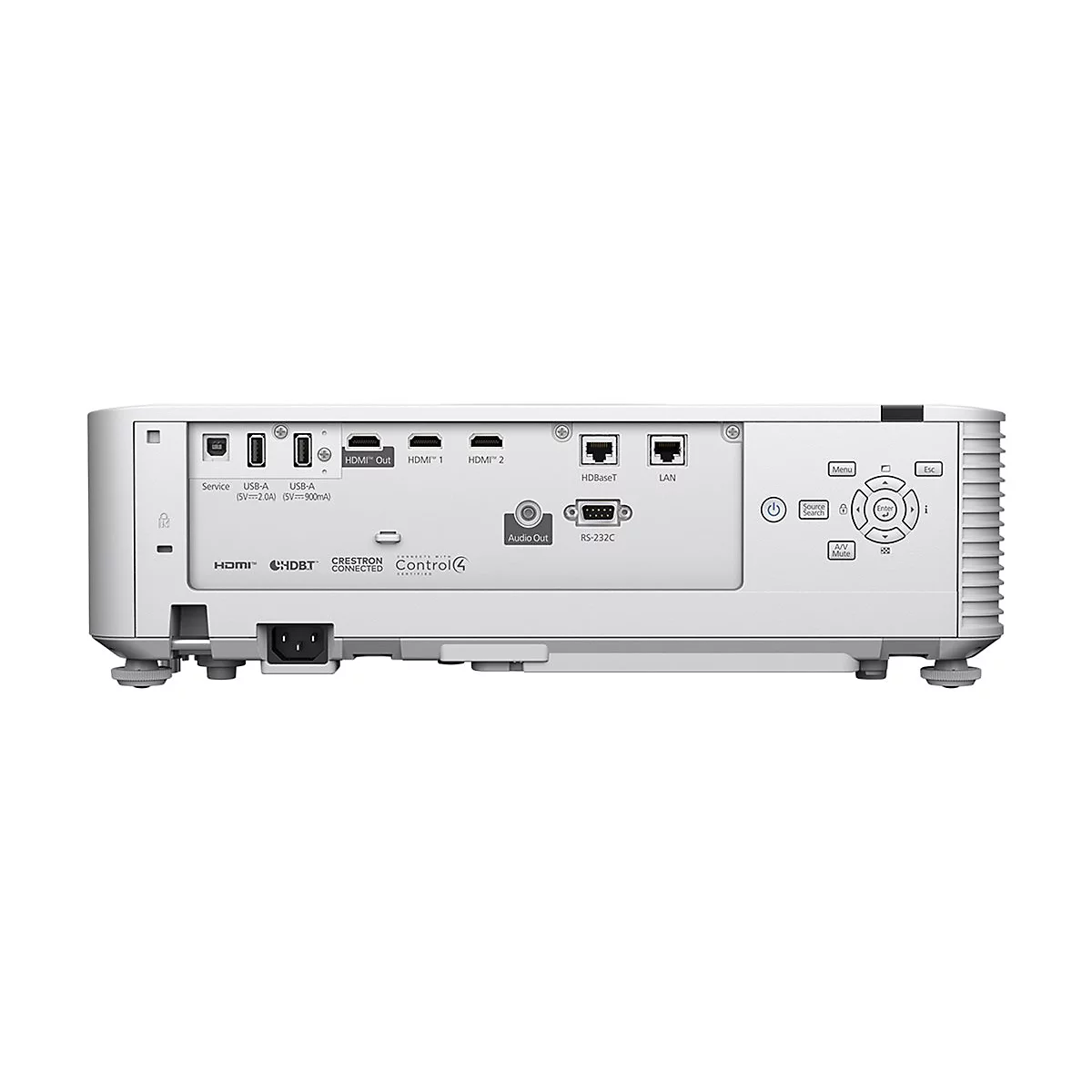 Rückseite eines weißen Projektors mit Anschlüssen für HDMI, USB und LAN. Bedienknöpfe mit Menü und Steuerung.