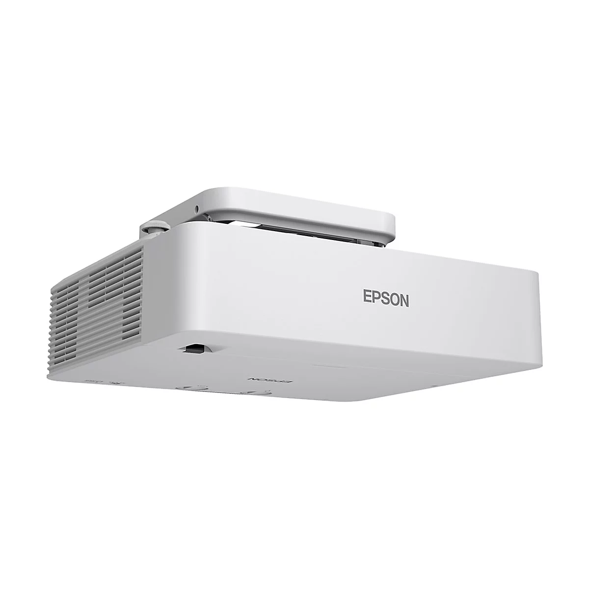 Weißer Epson-Projektor, diagonale Perspektive, vor neutralem Hintergrund. Das Epson-Logo ist sichtbar.