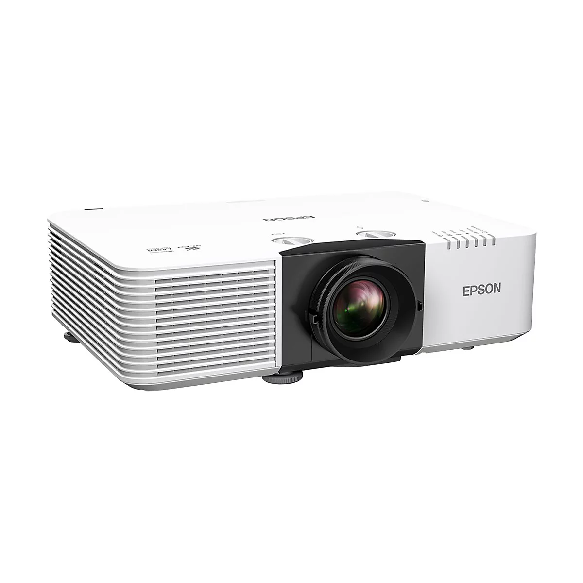 Weißer Epson Projektor mit Objektiv, Firmenlogo und Lüftungsschlitzen.