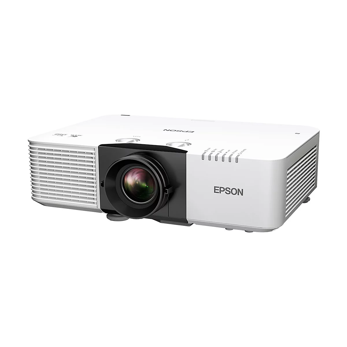 Weißer Epson-Beamer, schwarzes Objektiv, silberne Lüftungsschlitze und Bedienknöpfe.