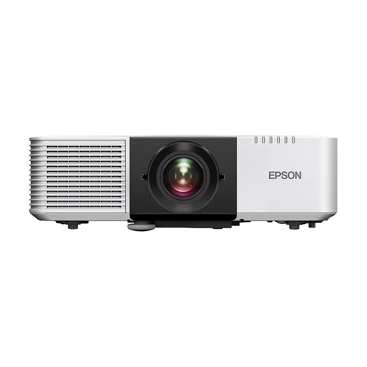 Ein weiß-schwarzer Epson-Projektor mit Objektiv, Lüftungsschlitzen und dem Epson-Logo.