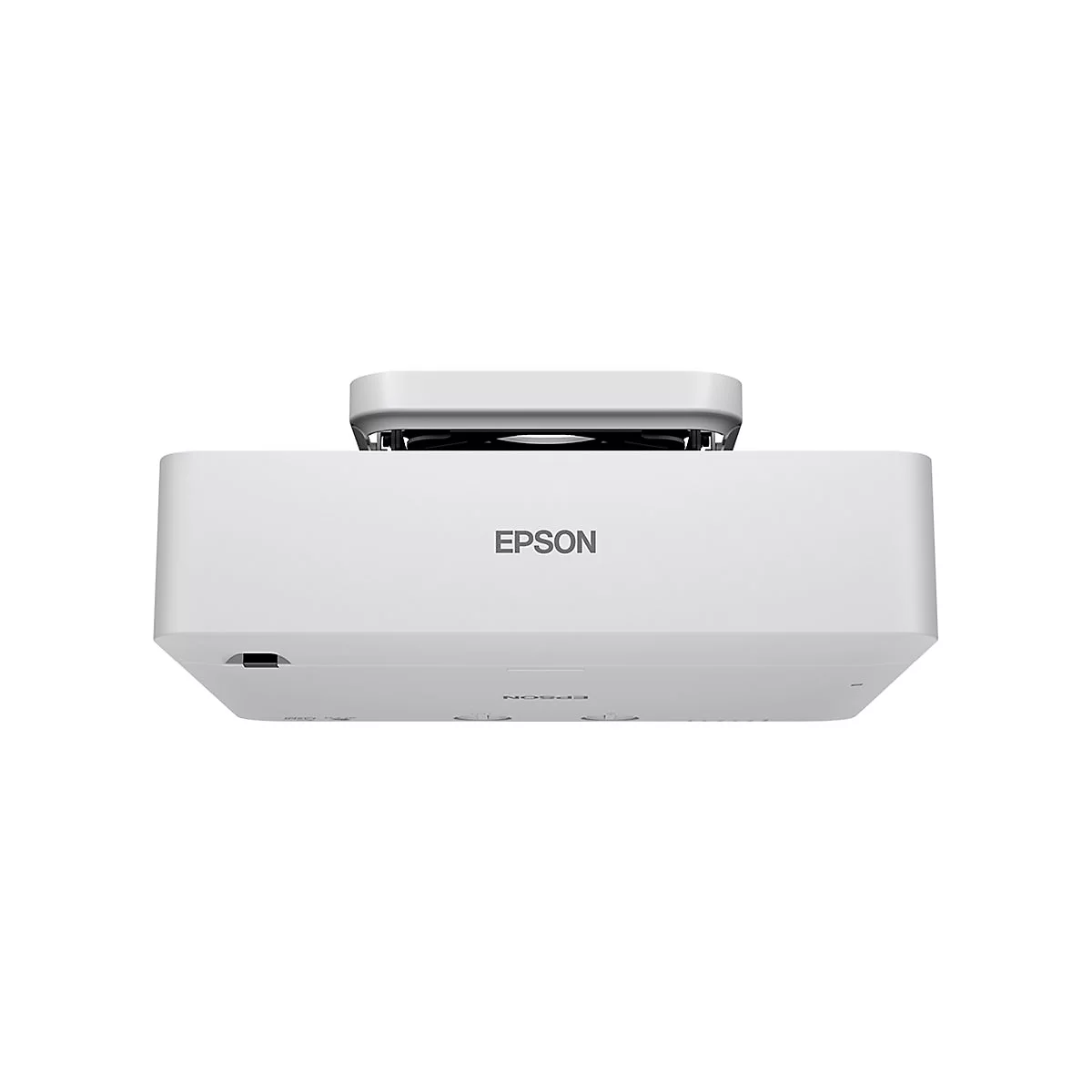Weißer Epson-Projektor, von unten fotografiert, mit Logo. Schwarzer Lüfteranschluss oben.