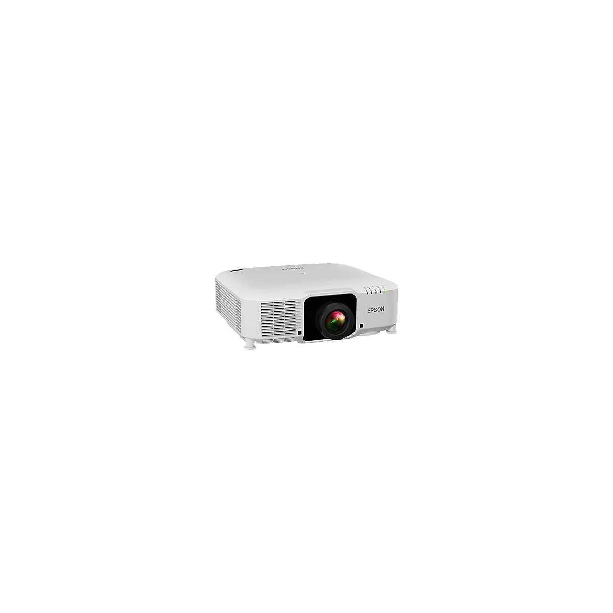 Weißer Epson Projektor mit schwarzer Linse vor weißem Hintergrund.