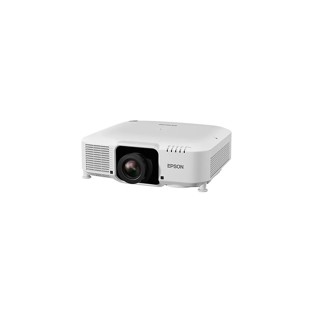 Weißer Epson Projektor mit schwarzer Linse vor neutralem Hintergrund.