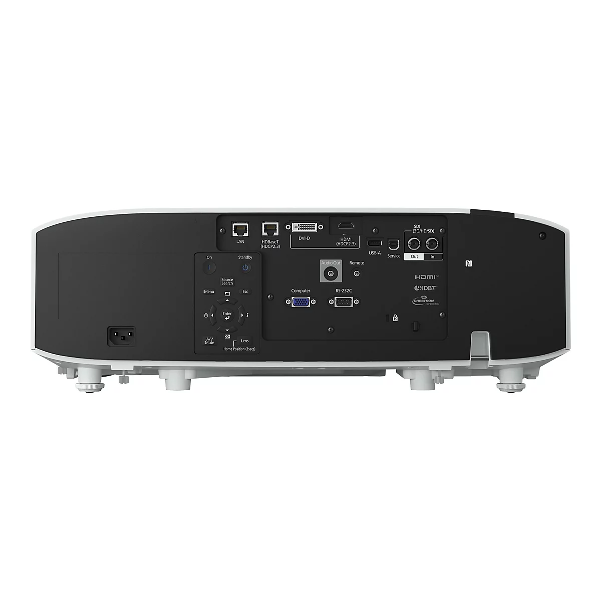 Rückseite eines weißen Projektors mit zahlreichen Anschlüssen wie HDMI, LAN, USB und einem Bedienfeld.