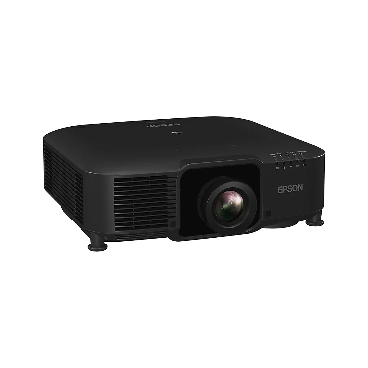 Schwarzer Epson-Projektor in Frontalansicht vor weißem Hintergrund.