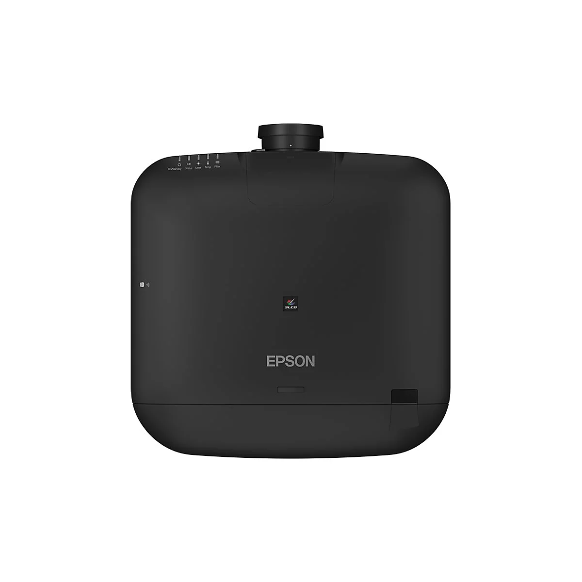 Schwarzer Epson-Projektor in der Draufsicht auf weißem Hintergrund.