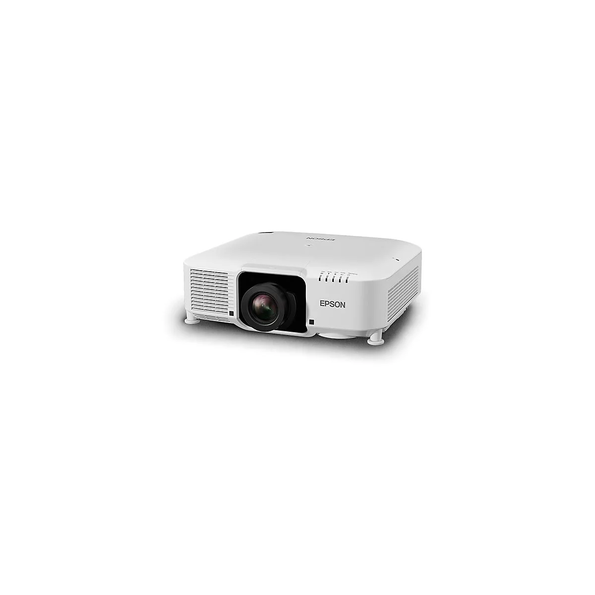 Weißer Epson Projektor mit schwarzer Linse auf weißem Hintergrund.