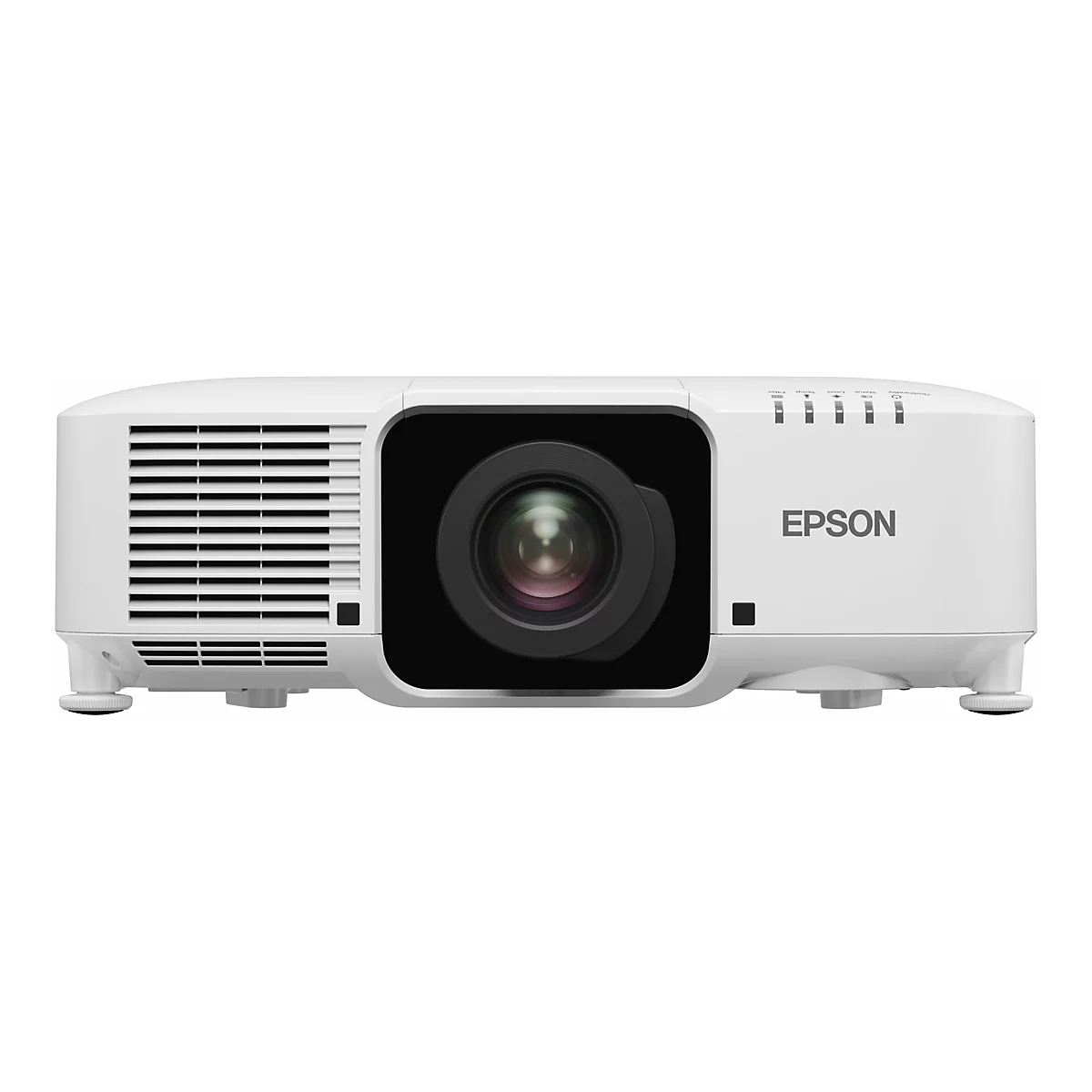 Weißer Epson Projektor in Frontansicht mit zentralem Objektiv und Lüftungsschlitzen auf der linken Seite.