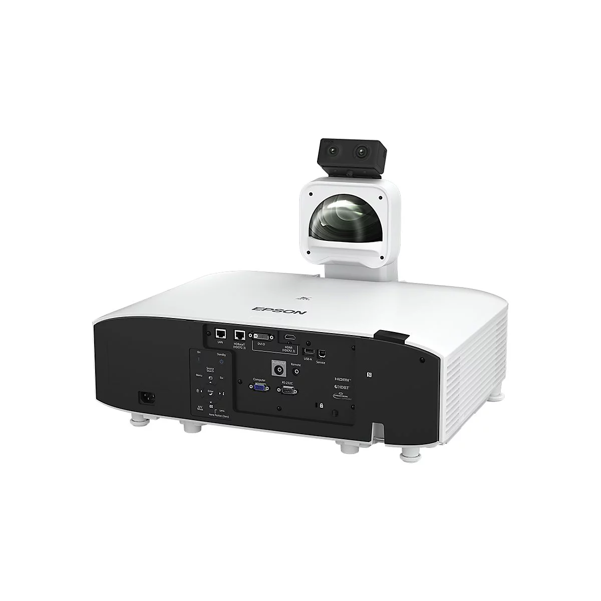 Weißer Epson Projektor mit schwarzer Anschlussblende, rückseitiger Perspektive und aufgesetzter Kameraeinheit.