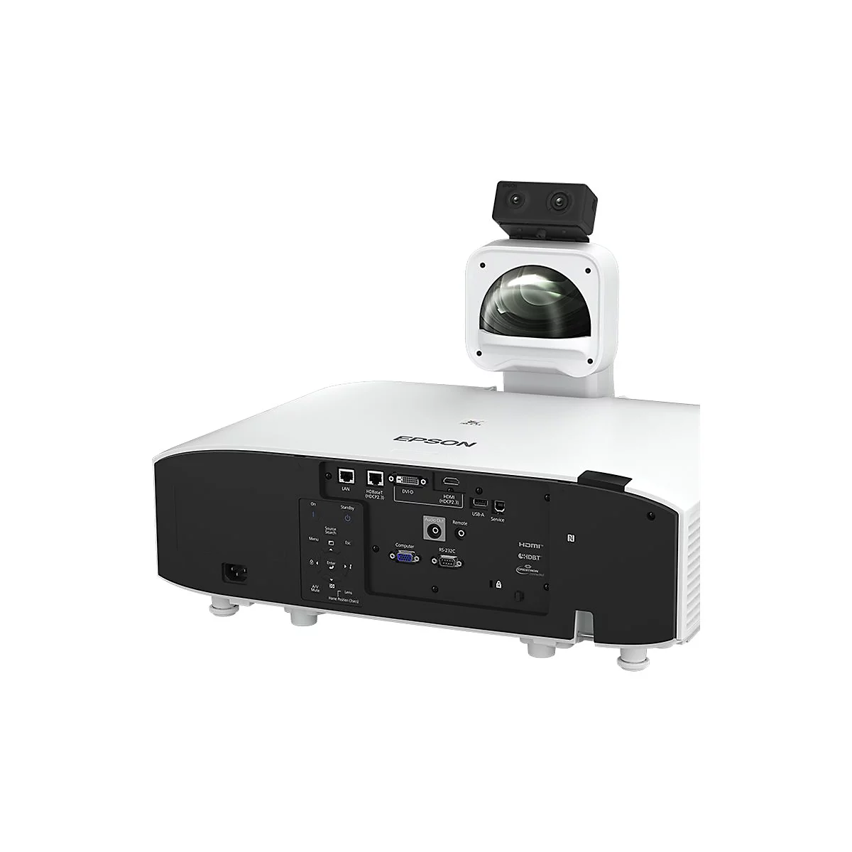Rückansicht eines weißen Epson-Projektors mit Kameraaufsatz, Anschlüssen und Bedientasten vor neutralem Hintergrund.