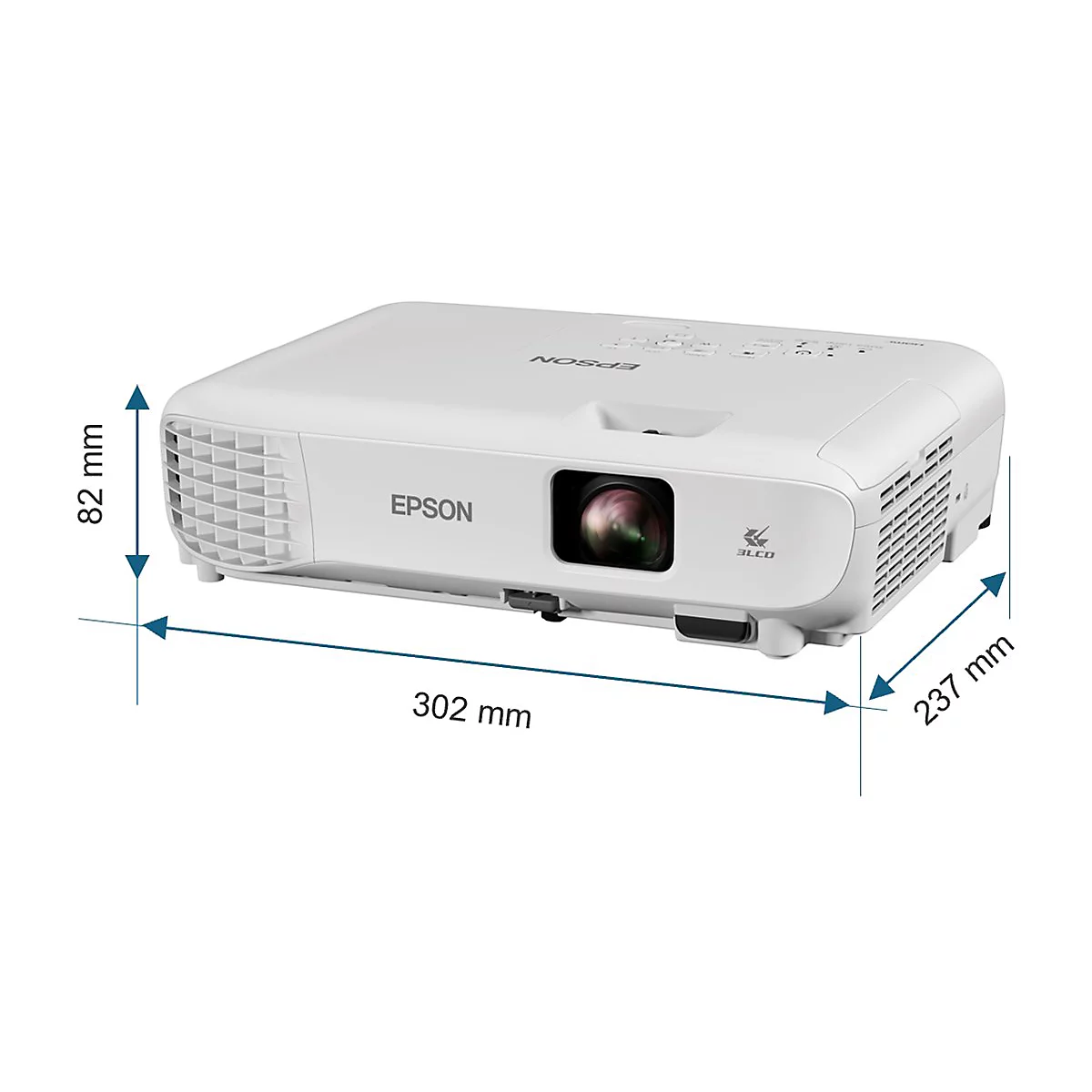 Weißer Epson-Projektor, Maße: 302 x 237 x 82 mm. Mit Logo und 3LCD-Symbol.