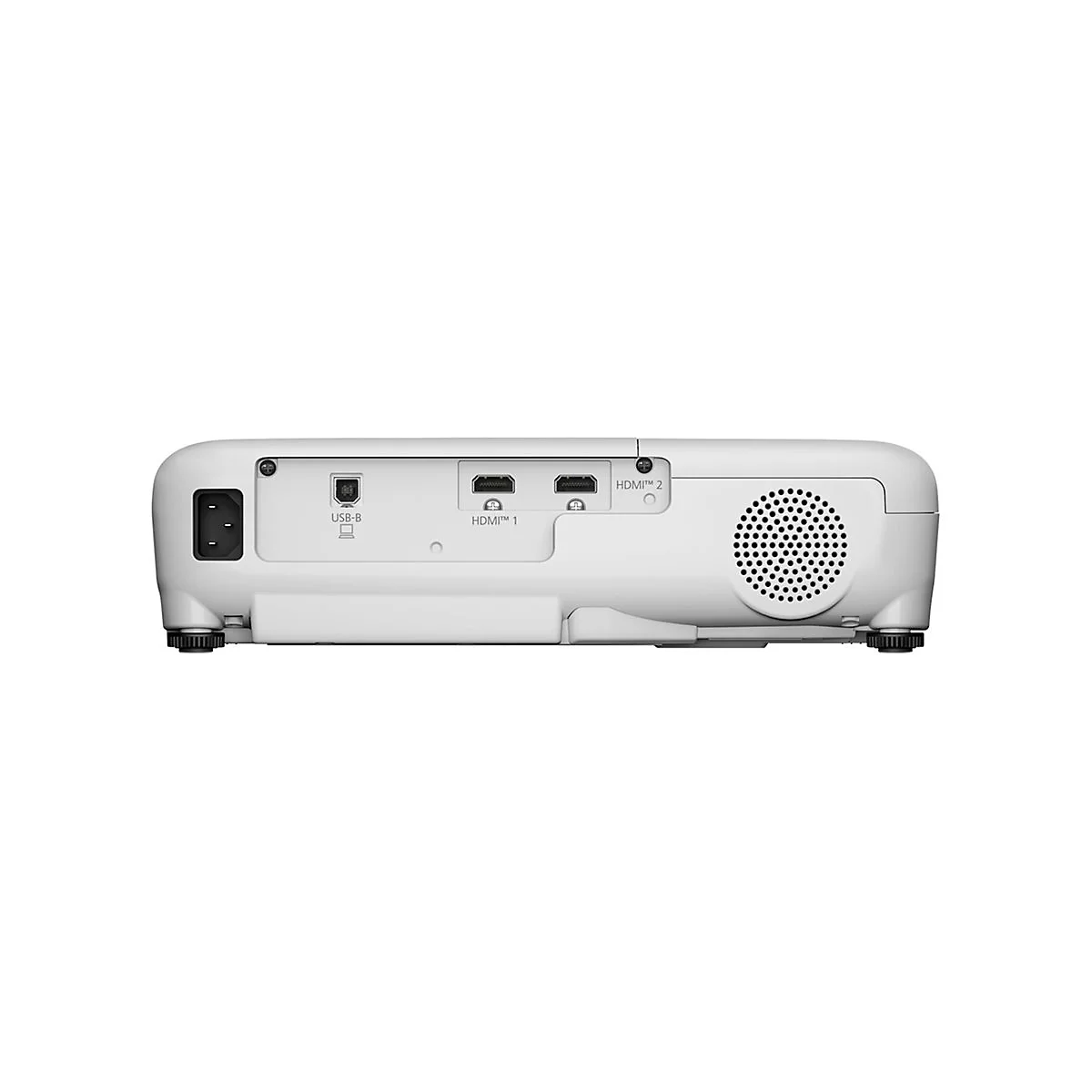 Rückseite eines weißen Projektors mit Anschlüssen: USB-B, HDMI 1 und 2. Rechts ist ein Lüftergitter.